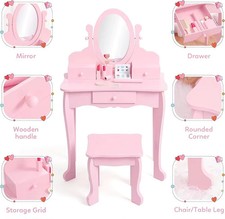 Kids' Vanity Set with Mirror, Makeup Table and Stool for Girls, Vanity Desk and 