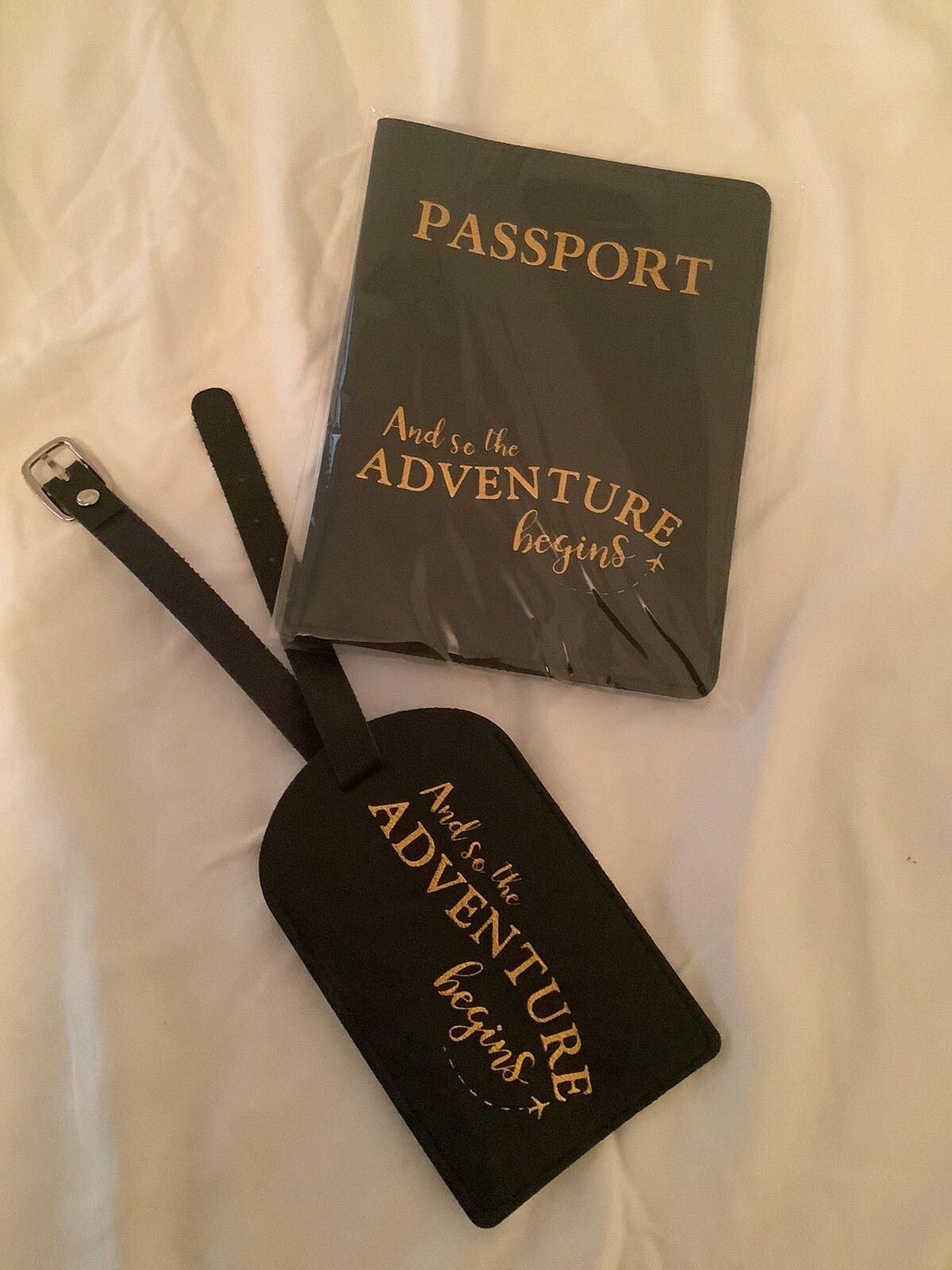 Black Passport Holder & Luggage Tag Set with Adventure Quote-image