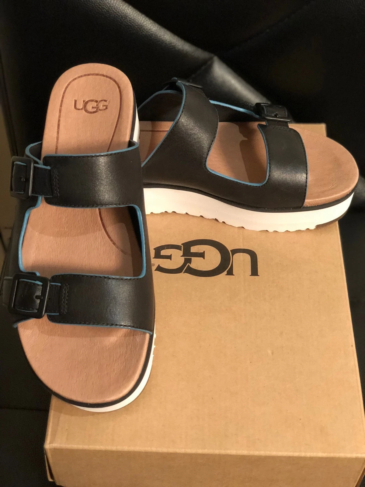 NUOVI SANDALI SLIDE UGG HANNELI NERI IN PELLE CON PLATEAU Taglia 6