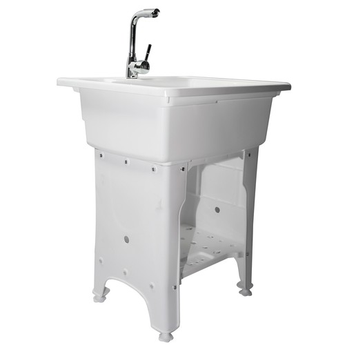 65 White Plastic Laundry Sink Complete Set of Accessories Hot & Cold Water Taps - Picture 4 of 7