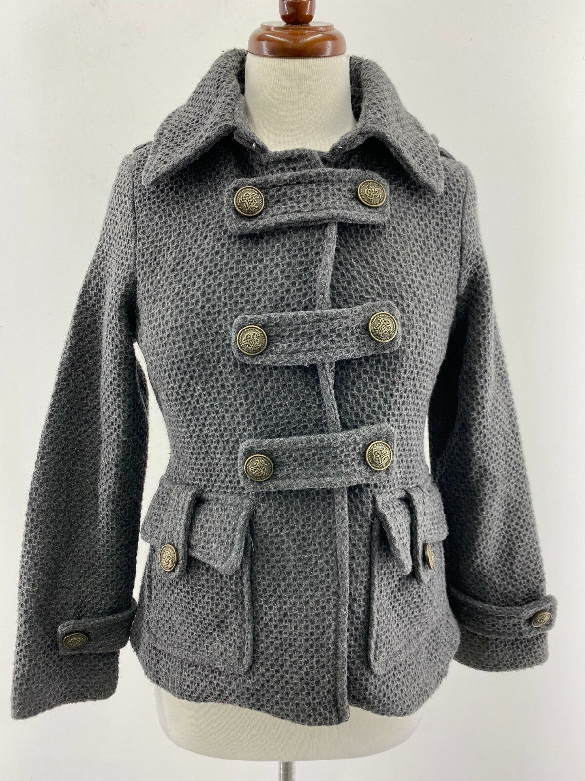 NWT Dollhouse Outerwear Charcoal Gray Wool Blend Button Pea Coat