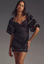 Farm Rio Colored Stripes Short Puffed Sleeve Linen Mini Dress. Size X-Small