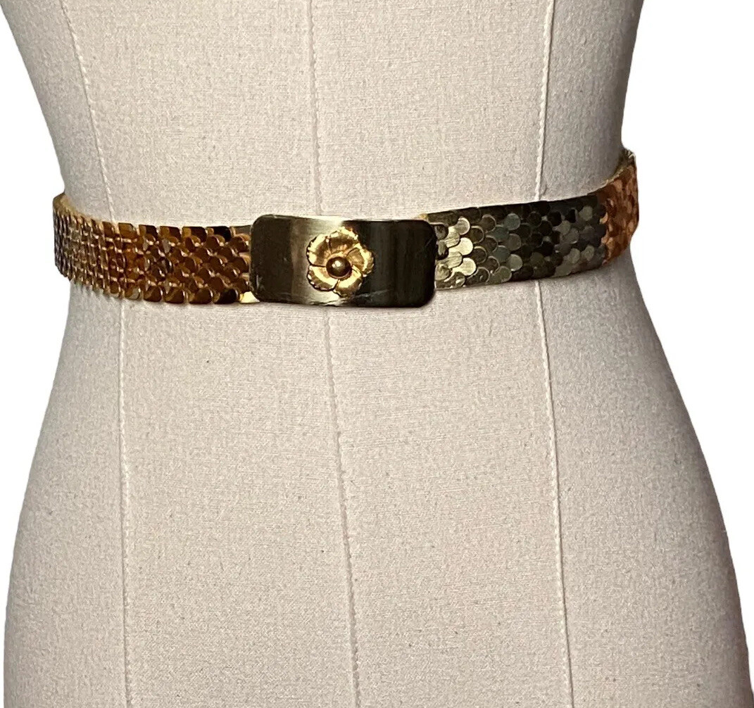 Vintage 70s 80s Womens Stretch Belt Gold Scale Texture 27 in S/M Vintage 70s 80s boho hippie metal mesh stretch belt - shabbybabe main image 4
