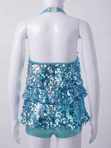 Kids Girls Halter Neck Shiny Sequins Tiered Dress Modern Jazz Latin Dancewear - 第 38/95 張圖片