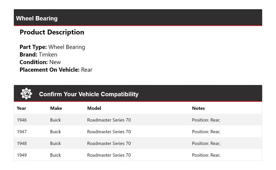 Cojinete de rueda trasero Timken 1947 1948 para Buick Roadmaster Serie 70 1946-1949 Foto 2 de 4