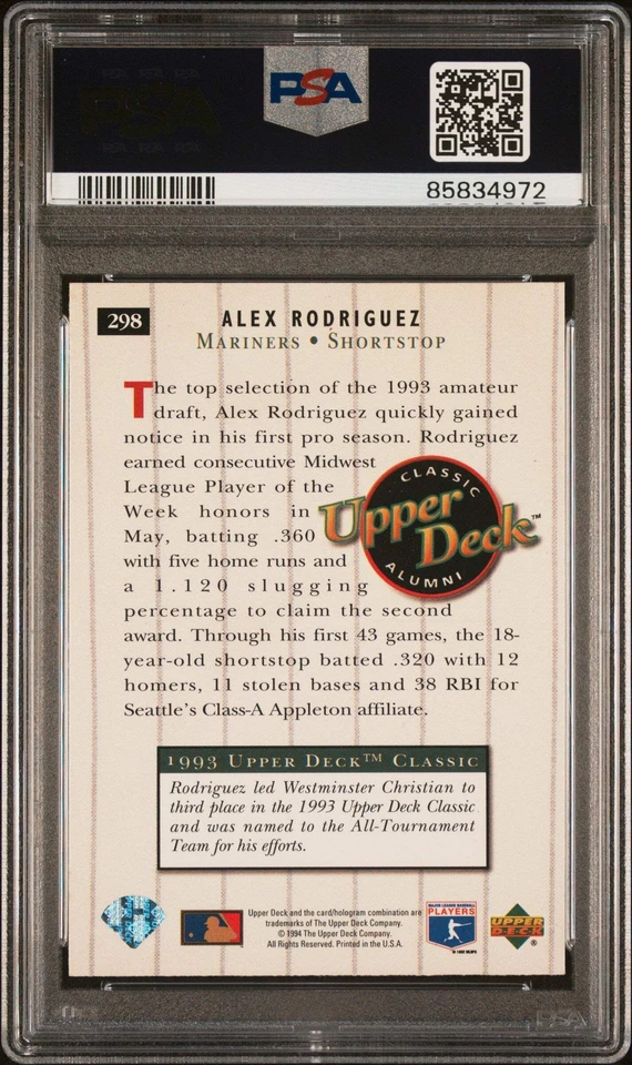 Tarjeta de béisbol graduada 1994 Upper Deck Alex Rodriguez #298 novato radiocontrol PSA 10 gemas Foto 2 de 2