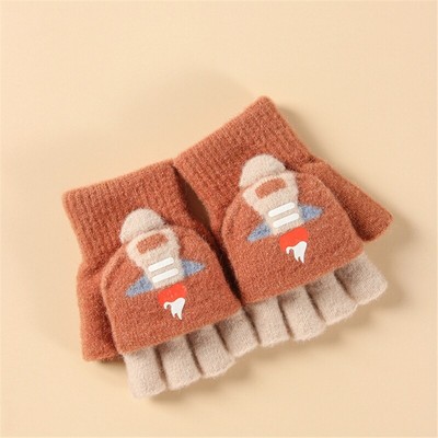 Kid Winter Knitted Cotton Mitten Convertible Half Finger Gloves with