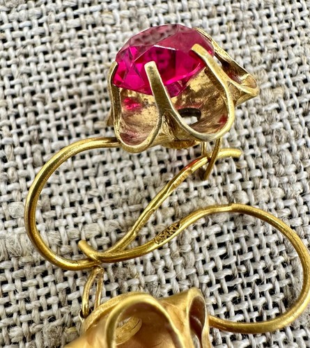 VINTAGE 1970s russian Ukraine jewelry flower Earrings Art SILVER 875 Red Ruby - Picture 22 of 24