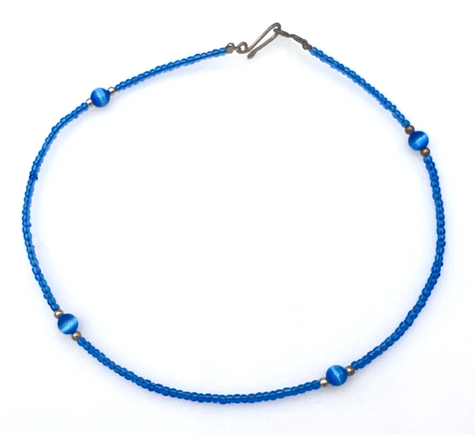 蓝色玻璃种子珠猫眼脚踝手链纯银扣 10 英寸 — 第 2/4 张图片