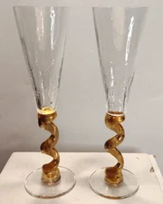 Pair of Signed Union Street Gold Spiral 10" Champagne Flutes