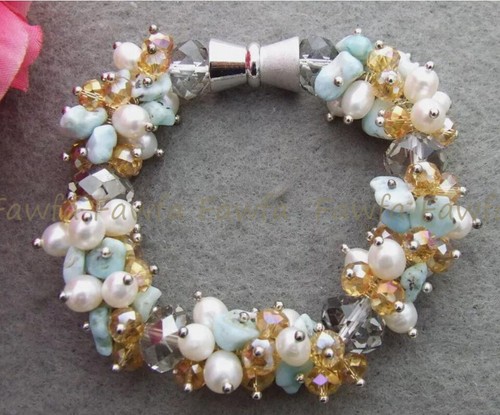 Natural Blue Turquoise White Pearl Faceted Crystal Bracelet 8'' Magnetic Clasp - Picture 3 of 4