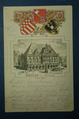 Old postcard GERMANY BREMEN RATHHAUS - stamp on the back BREMEN 16.06.00. (1900)
