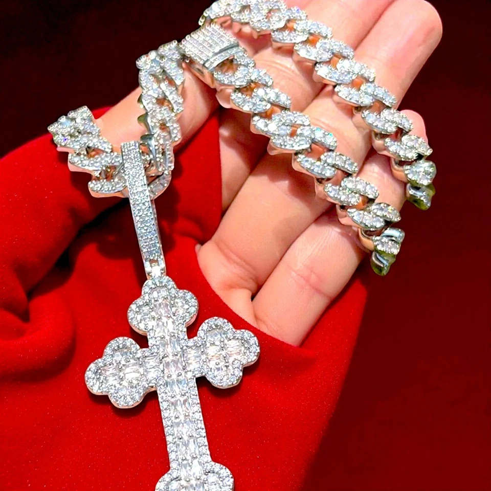 Colgante Cruz Trébol Helado Baguette Para Hombres con Cadena de Eslabones-Collar Bling Hip Hop Foto 2 de 3