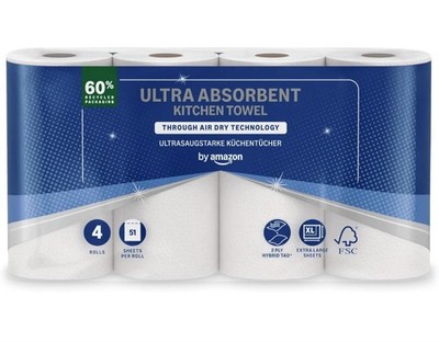 von Amazon Ultra saugfähige TAD Küchenrolle, 4 Rollen (1er Pack), 51 Blatt pro R
