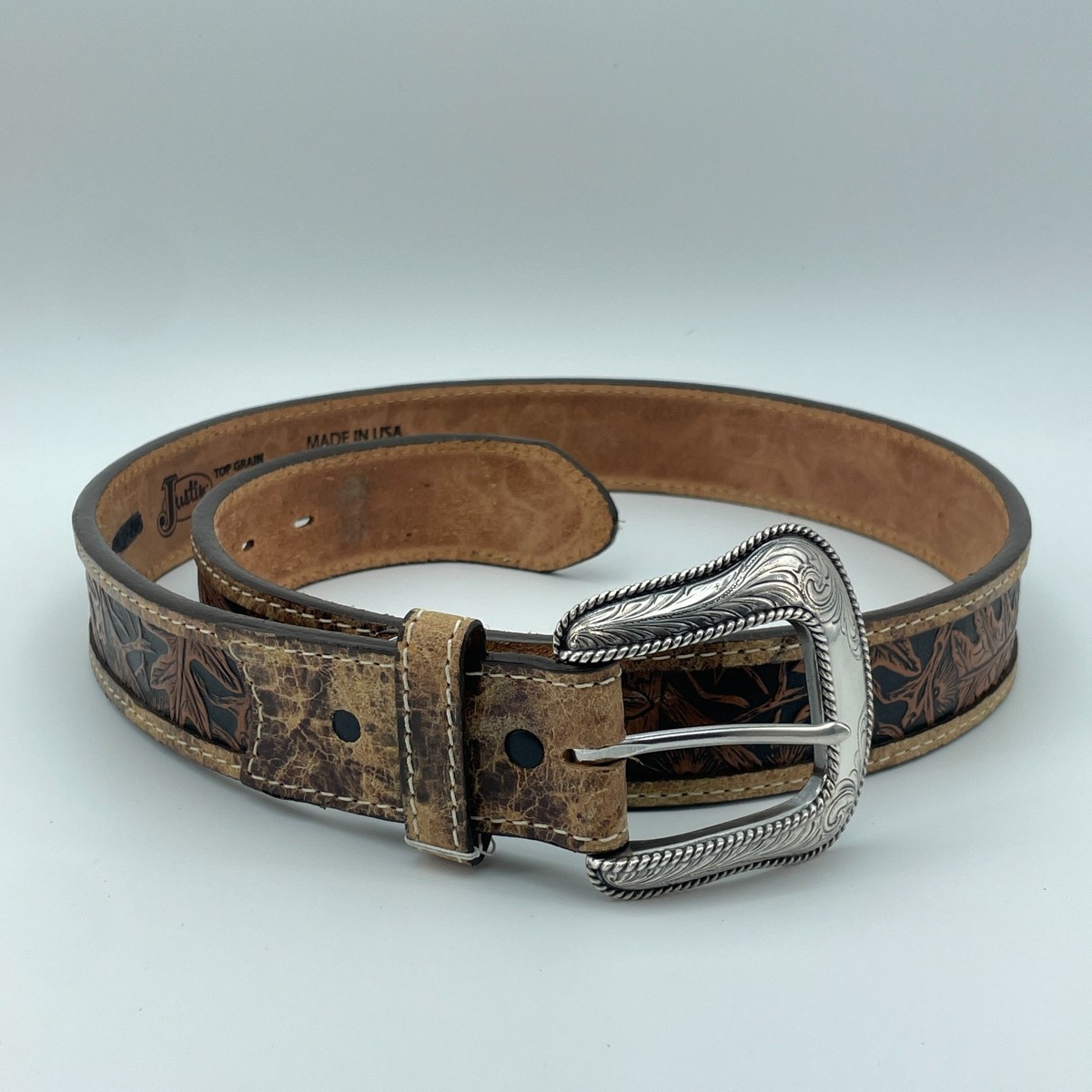 JUSTIN Mens 36 Brown Western Leather Belt Tooled Top Grain  display picture 1