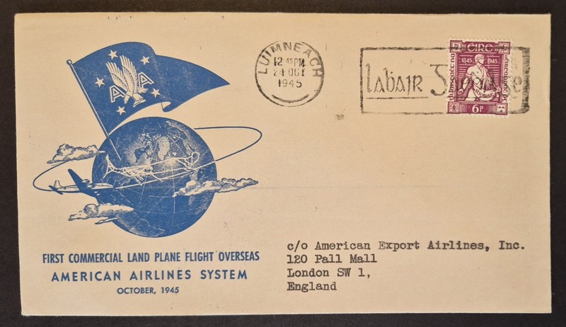 1945 First Flight Limerick Ireland London England FAM 24 F24-6 Air Mail Cover
