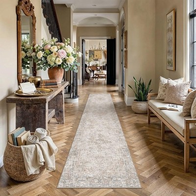 Hallway Runner Rugs 3x8 Washable Rug Beige Vintage Rug Carpet Low Pile Non Sl...