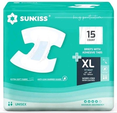 Sunkiss Briefs with adhesive tabs - XL 45-64'' - worry free odor control 15-ct