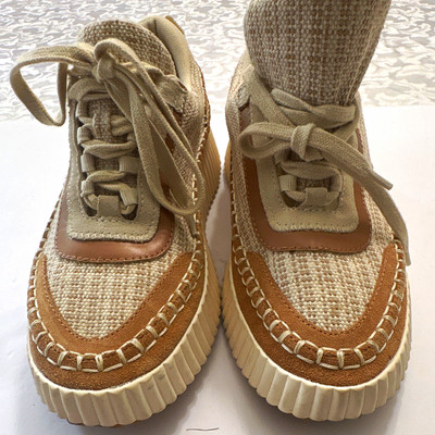 Dolce Vita Beige/Tan Cotton Canvas Low Top Lace-Up Sneakers Rubber Sole