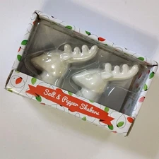 Salt Pepper Shakers TRANSPAC Off White Reindeer Heads Sutible For Holiday Decor 