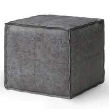 WyndenHall Faux Leather Pouf Footrest Square Distressed Bedroom Black