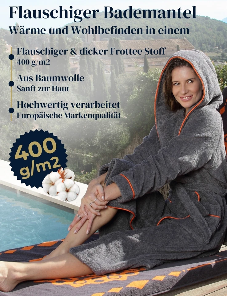 ELEVAVIDA® Damen Bademantel mit Kapuze aus Baumwolle, grau, extra weich 400 gsm - Bild 3 von 4