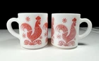 2 Vintage Hazel Atlas Red Rooster MCM Milk Glass Coffee Cup Mug 3.25" Great Cond