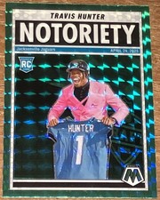 2025 Panini Mosaic Notoriety Travis Hunter #12 Green Prizm Rookie Card SP RC. rookie card picture