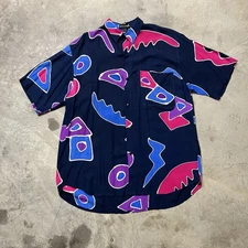 VTG 70s Abstract Camp Button Up Shirt Mens L Blue Loop Collar Psychedelic Shapes