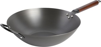 Carbon Steel Wok 14 Inch Flat Bottom Stir Fry Pan Durable Heavy
