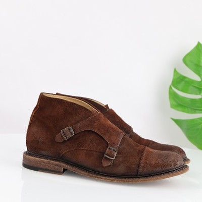 Frye Mens Jack Double Monk Strap Boots Size 9.5 D Brown Suede Cap Toe Chukka
