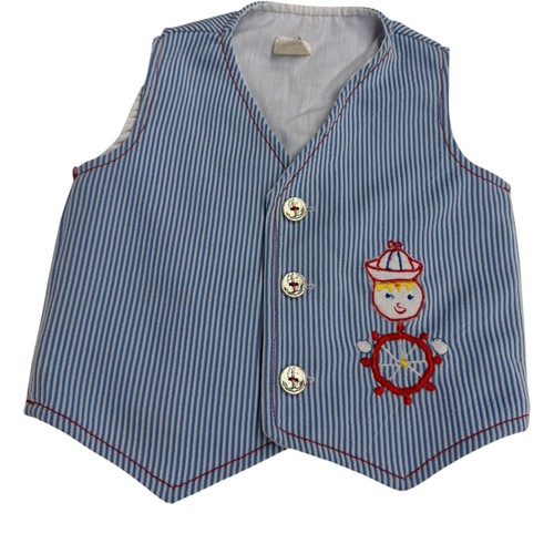 Vintage Kids Vest Blue White Nautical Seersucker Embroidered Sailor 2T