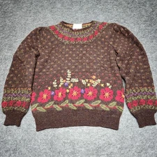 Susan Bristol Vintage 1989 Hand Embroidered Shetland Wool Floral Sweater 34