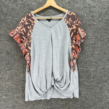 Gigio T-Shirt Women M Medium Gray Floral Short Sleeve V-Neck Pullover Casual