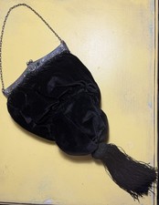 Vintage Black Velvet Evening Bag. Metal Frame, Chain, embellishments, Tassel.