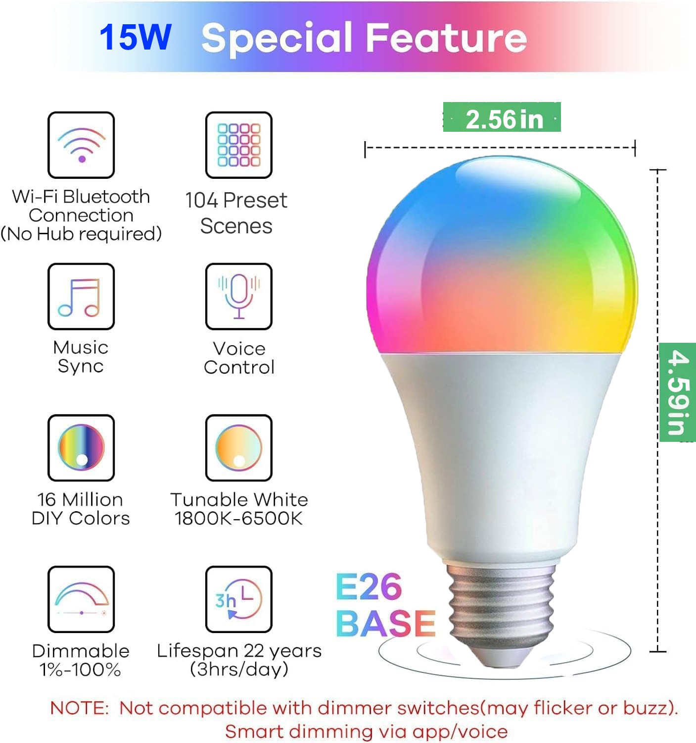 2/4/8 Pack LED Smart Light Bulbs RGBW 15W 1500LM WiFi Dimmable Alexa Google Home
