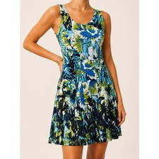 Nine West Floral Fit & Flare Dress Size 12 Blue Green Tropical Cotton Stretch