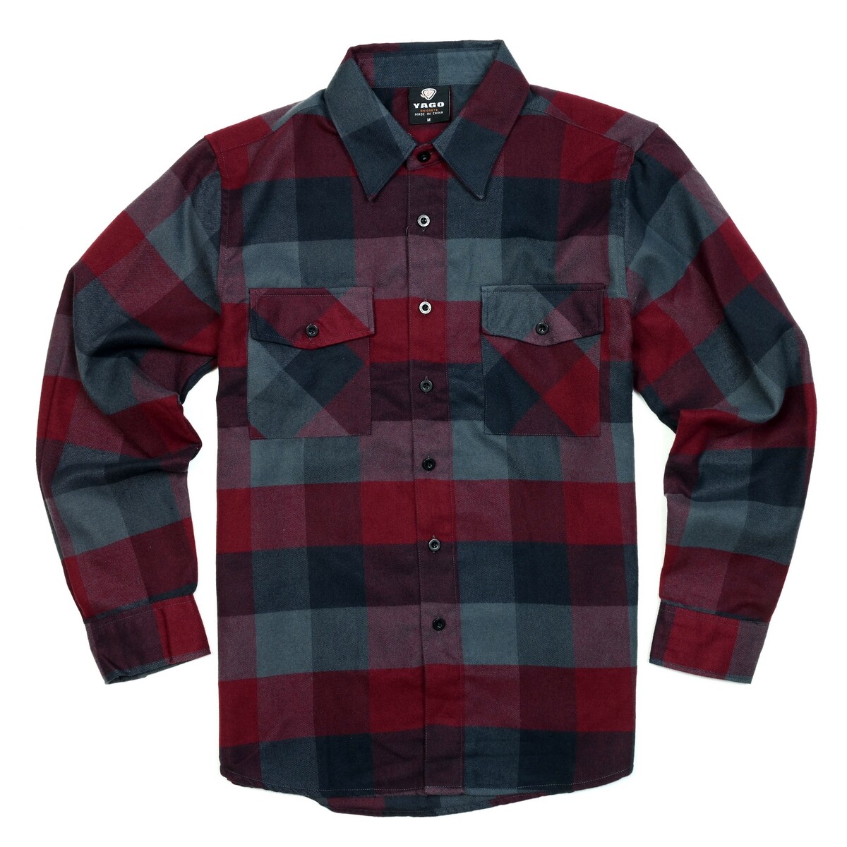 Flygo Men's Casual Plaid Button Down Shirt - Long Sleeve Collared Shirt, Wine Red, XX-Large