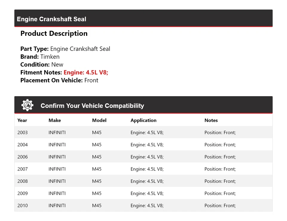 Sello del cigüeñal delantero Timken para motor Infiniti M45 2003-2004, 2006-2010 4,5 L Foto 2 de 4