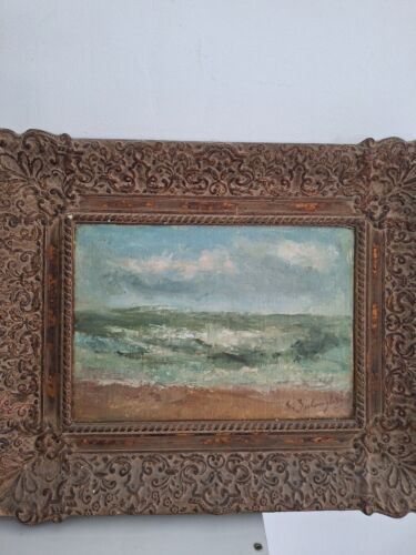 Peinture antique huile sur toile paysage bord de mer encadrée par Gustave Balenghien. - Photo 7 sur 15