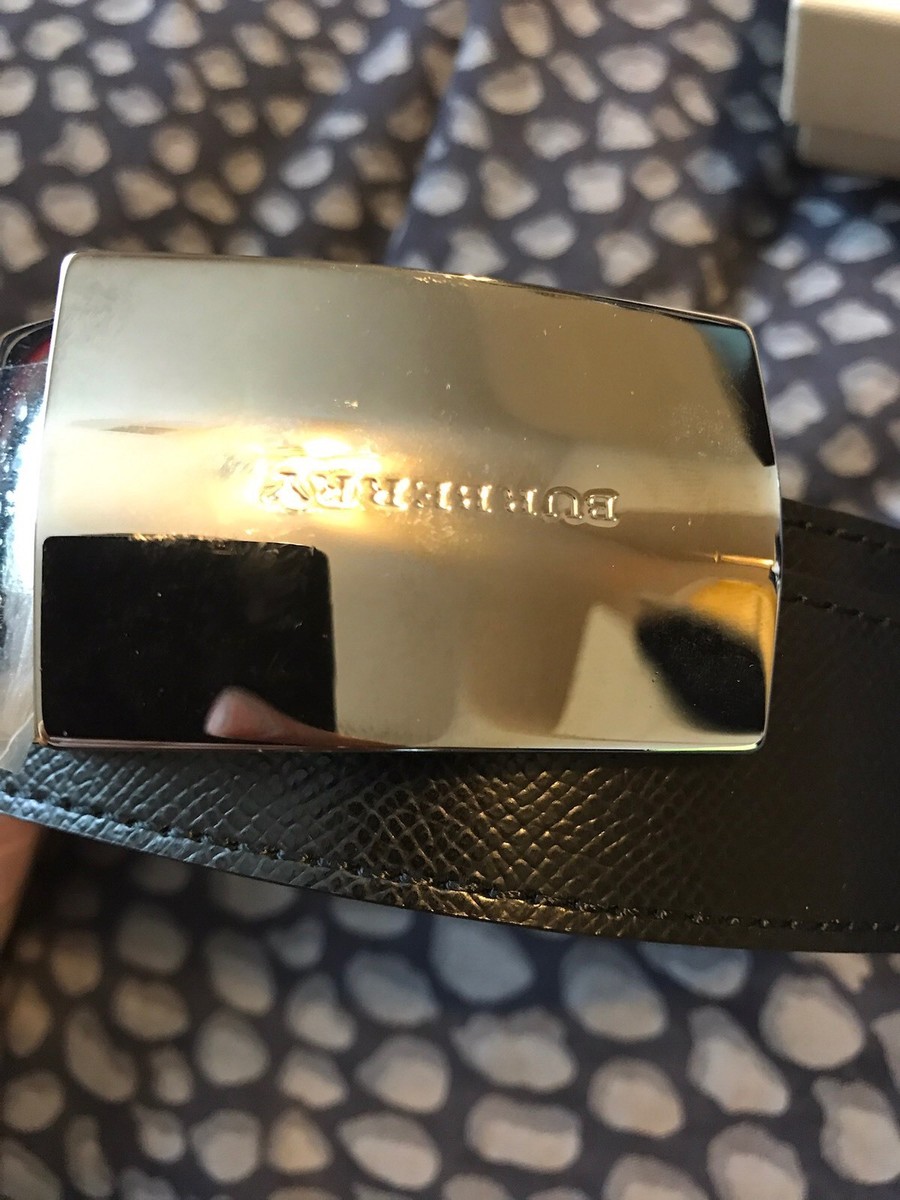 New Authentic Burberry Men Leather Black Belt Silver Metal 