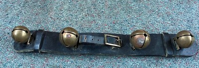 ANTIQUE 4 BRASS JIGGLE SLEIGH BELLS + 16'' Leather Strap Horse Sled
