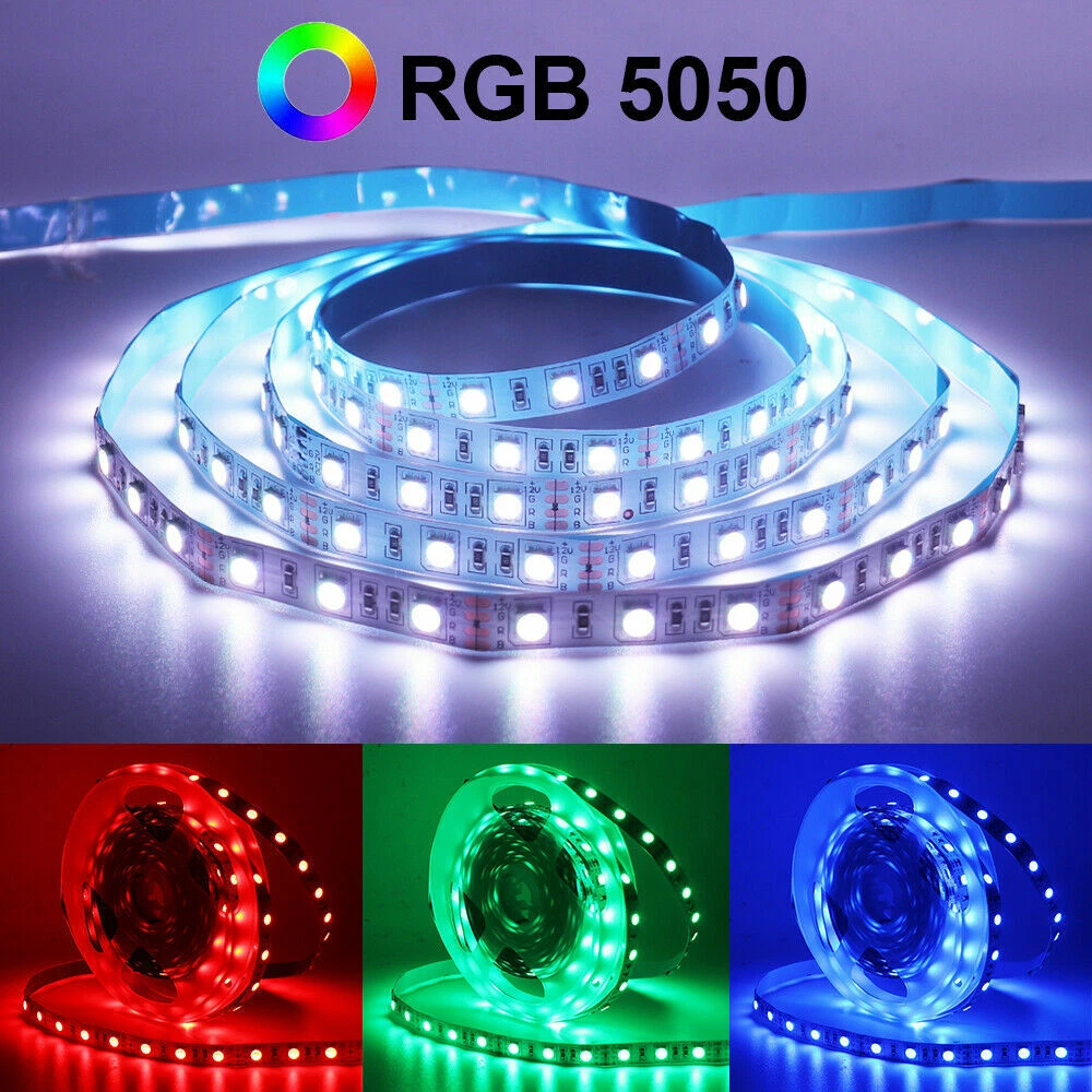 12V Flexible SMD 5050 RGB LED Strip Lights, LED Tape, Multi-Colors, 300  LEDs, Non-Waterproof, Light Strips, Color Changing, Pack of 16.4ft/5m Strips