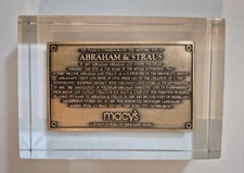 Abraham And Straus Macy's New York City Brass Plaque Lucite Paperweight