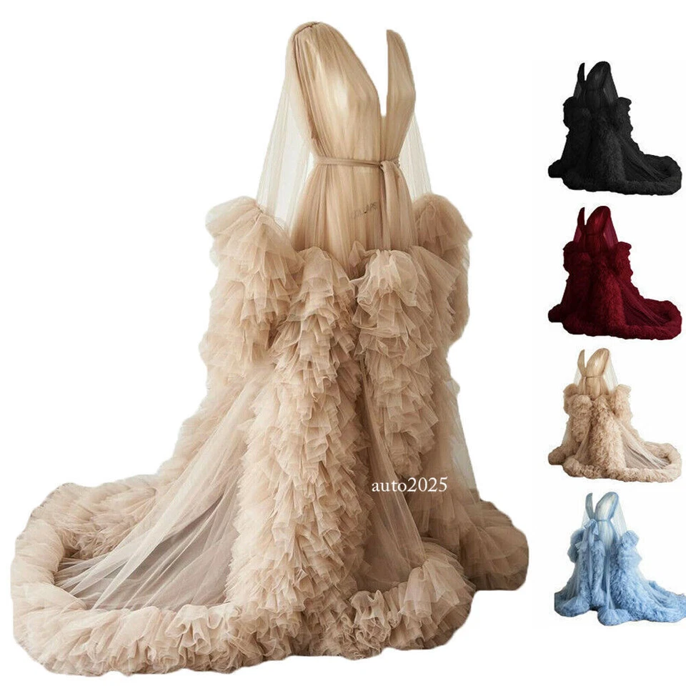 Lady Dress Gown Perspective Sheer Long Robe Puffy Tulle for Maternity Photoshoot - Image 2 of 4