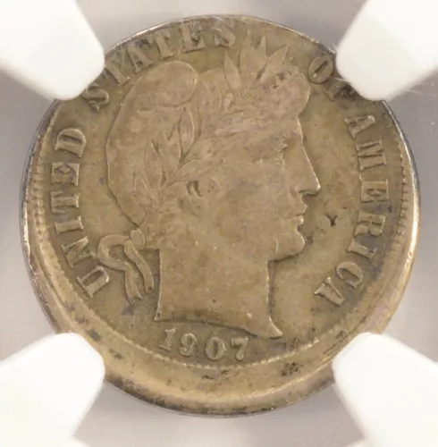 1907 10c Barber Dime Struck 10% Off-Center NGC AU55