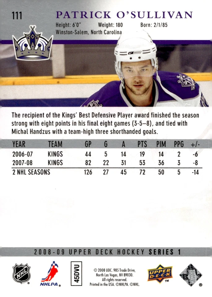 Patrick O'Sullivan - Signed 2008-09 Upper Deck Series 1 Card #111 - Image 2 of 2