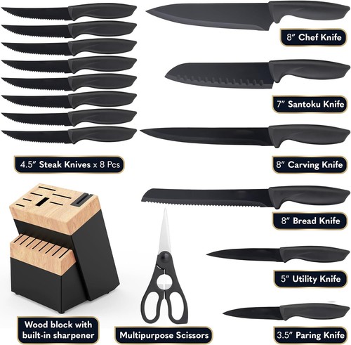 Set Blocco Coltelli da Cucina 16PCS Legno Nero Alto Carbonio Acciaio Inox con Affilatura - Foto 2 di 4