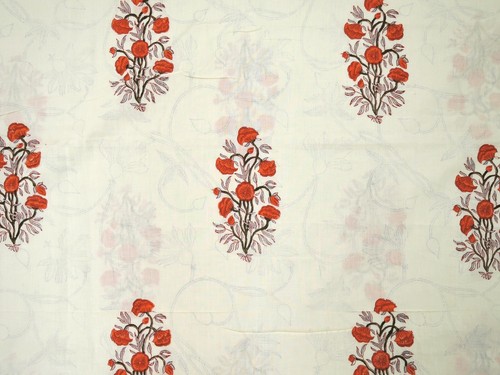 Cotton Block Print India Fabric Handmade Floral Orange Red Cream Ivory 2.1y - Picture 5 of 8