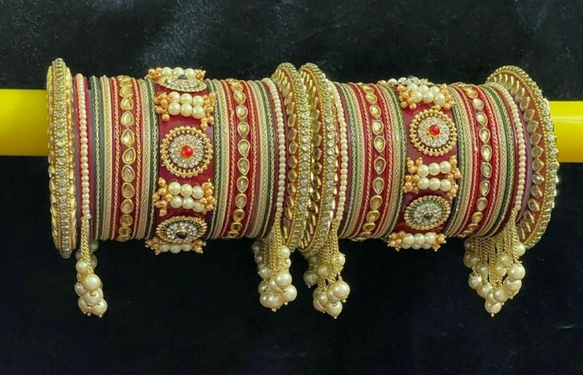 Rajwadi Dulhan Chuda Wedding Kundan Chura Bridal Bangles Red Pearl Choora  bangle | eBay